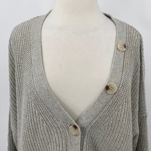 Line & Dot Cardigan Sweater Button Front Rib Knit Pointelle Taupe Womens Large - Picture 4 of 9